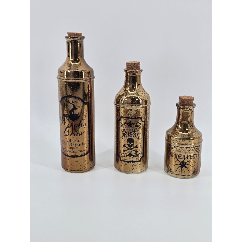 Halloween Gold Mercury Glass Apothecary Bottles Set of 3 Witch Poison Decor